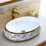 HISRE Table Top Wash Basin For Bathroom | Over Counter Top Wash Basin For Living Room | Golden Washbasin Countertop | Tabletop Ceramic Bathroom Kitchen Sink (24 x 16 x 6 Inch) (SKTHI2203)