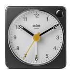 Braun Classic Analogue Travel Alarm Clock with Snooze Function and Light, Compact Size, Quiet Quartz Movement, Crescendo Alarm, Black and White Model BC02XBW