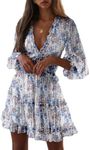 Dokotoo Womens 2024 Summer Fall Deep V Neck Long Sleeve Backless Ruffle Floral Flowy Mini Dress, White, Large