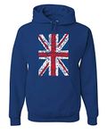 Tee Hunt Union Jack Hoodie United Kingdom Distressed British Flag Sweatshirt, Royal Blue, Large