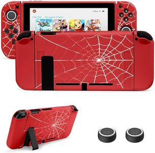 JINGDU Protective Case Compatible with Nintendo Switch 2017, TPU Case Accessory for Switch Console and Grip Joy-Con, Switch Protector with 4 Thumb Grips, Red Spider Web