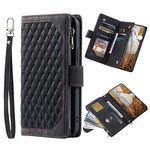 iPhone 14 Phone Case Zipper Pocket Flip Shockproof Leather Folio Wallet Case with 6 Card Holder Slots Stand Silicone Bumper Zip Cover for iPhone 14 Case Girls Women, Black