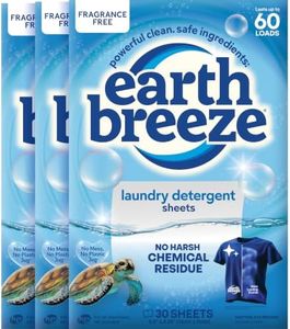 Earth Breeze Laundry Detergent Sheets - 90 Sheets (3 Pack/30 Each) - 180 Loads - Concentrated Liquidless Laundry Soap - No Plastic Jug - Fragrance-Free