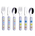 EXZACT Kids Cutlery 6pcs Stainless Steel 18/10 Children's Cutlery Set - incl. 2 x Forks, 2 Safety Knives; 2 x Dinner Spoons - Plastic Handle, Toddler Utensils BPA Free Flatware - Stars & Dots