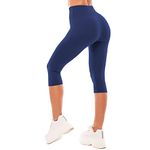 SINOPHANT High Waisted Capri 3/4 Length Leggings for Women, Buttery Soft Elastic Opaque Tummy Control Leggings, Cropped Trousers for Workout Gym Yoga(Navy, S-M)