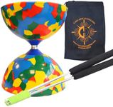 Multicoloured Jester Diabolo with Aluminium 'Metal' Sticks and Carry Bag - Rubber Diablo Set