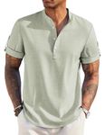 COOFANDY Men's Casual Henley Shirt Short Sleeve Band Collar Linen Shirt Summer Beach Hippie T Shirts Light Green
