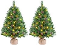 Yaheetech 2Pcs Pre-lit Artificial Mini Christmas Tree, 3ft/92cm Tabletop Small Christmas Tree w/20 Pinecones, 50 Warm White LED Lights, Battery-Operated for Home Party Decor, Green