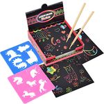 Scratch Arts [125 Sheets + 2 Wooden Stylus + 2 Stencils] Arts and Crafts for Kids, DIY Projects, Black Paper Magic Rainbow Painting Boards [8.5*8.5cm]