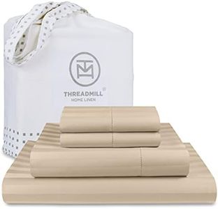 Threadmill 500 Thread Count Queen Size Damask Stripe, 4 Pc Luxury Cotton Bedding Set, Silky Smooth Light Beige Sheets with 16" Elasticized Deep Pocket, 2 Pillowcases & Free Tote Bag