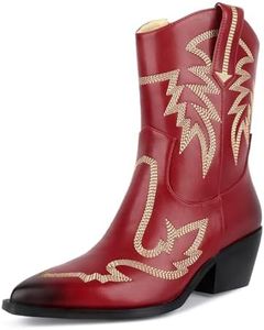 wetkiss Cowboy Boots for Women, Cowgirl Boots with Side Zipper and Chunky Heel Design for Music Festivals, Weddings..., Matte Red, 7