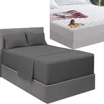 Mellanni Extra Deep Pocket Sheet Set + Waterproof Mattress Pad Bundle - Queen, Gray & White