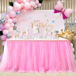 Albassa 6ft Pink Tulle Table Skirt for Rectangle or Round Tables with LED Lights Tulle Tablecloth for Princess Baby Shower Girl Birthday Party Cake Dessert Table Decorations