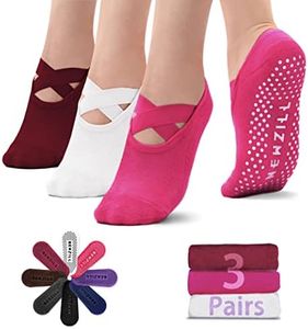 NEWZILL Yoga Socks for Women Non-Slip Grips & Straps, Ideal for Pilates, Pure Barre, Ballet, Dance, Barefoot Workout (3 Pairs-White/Red/Pink)