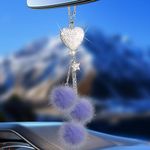 Bling Car Accessories Interior for Women - Girly Crystal Car Rearview Mirror Decor, Cute Rinestones Para Carro de Mujer, Car Mirror Decor Love Heart [Purple Fuzzy Plush Ball]