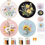 MAMUNU 4 Sets Embroidery Kits for Beginners Adults, Flower Stamped Pre Printed Cross Stitch Kits, Full Range of Embroidery Starter Kit with Instructions, 4PCS Embroidery Hoops, Threads and Tools