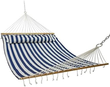 Sunnydaze Quilted Double Hammock for Outside with Spreader Bars and Pillow - 450 lb Capacity, 74x55 Inch Bed, UV Resistant, Quick Dry - Chains Included, Stand Sold Separately - Blue & White Stripe
