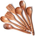 Gudamaye 13 inch Long Wooden Utensils for Cooking, Long Handle Wooden Spoons for Cooking, 7 PCES Crafting Wooden Spoon Set, Wooden Kitchen Utensil set, Natural Teak Wooden utensil Set