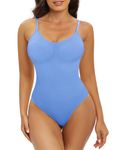 Xnova Women Shapewear Tummy Control Sculpting Bodysuit, Body Shaper Thong with Adjustable Straps, Ribbed Slimming Stretchy Underwear, Sky Blue, XL