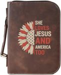 She Loves Jesus Bible Cover – Vegan Leather Scripture Case with Cross & Flag – Zippered Journal Holder with Handle, Fits Large Bibles, Rustic