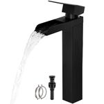 Black Tall Waterfall Bathroom Faucet, Single Hanlde Vessel Sink Faucet with Waterfall Spout, Bathroom Faucets for 1 Hole, RV Lavatory Vanity Mixer Bar Tap with Pop Up Drain and Hoses KMBF015B