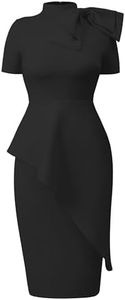 Memoriesea Women's Fashion Peplum Short Sleeve Bow Ruffle Pencil Party Midi Dress, Black, XX-Large