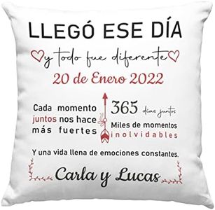 Worfull Regalos Cojín Personalizado para Pareja con Fecha y Frases Frente y Dorso de 40x40 cm. Regalo Original San Valentín, Parejas, Novios, Aniversarios, Navidad