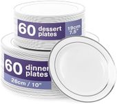 MATANA 120 Reusable Sliver Plastic Plates for Party 60 Guests, White and Silver Rim - 60 Dinner Plates 10.25" Inch, 60 Dessert Appetizer Plates 7.5" Inch, Heavy Duty, Elegant for Wedding & Parties