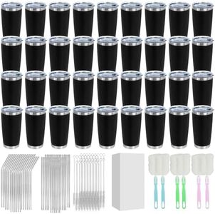 PEDOBALI 36 Pack 20 Oz Stainless Steel Bulk Tumblers with Lids Black Outdoor Travel Mug Powder Coated Double Wall Leakproof Insulated Cup, for Home Hot Office Party Cold Drinks
