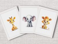 hippoboo - 3 FRAMED Baby Nursery Animal Prints for Girl or Boy Nursery Bedroom Giraffe Elephant and Lion Picture (A3 Size)