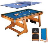 BCE 6ft 3-in-1 Folding Pool Table with Table Tennis Top & Soft Tip Dart Board with Desk Top - Easy to Move - All Accessories Included