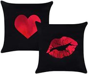 Bonhause Set of 2 Cushion Covers Love Heart Lips 45 x 45 cm Velvet Soft Black Decorative Cushion Cover Red Foil Decorative Cushion Covers for Sofa Bedroom Living Room Home Decoration