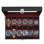 SONGMICS Watch Box, 12-Slot Watch Case Organizer with Large Glass Lid, Removable Pillows, Gift for Loved Ones, Black Synthetic Leather, Wine Red Lining UJWB120R01