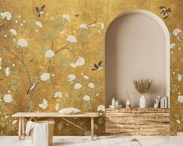 Ausril Plum Blossom Mural Wallpaper, Golden Background Floral Wall Mural, Chinoiserie Bird Flower Mural, Vintage Branches Wallpaper for Living Room, Bedroom, Dinning Room 161"x108"(Not Peel and Stick)