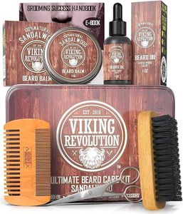 Viking Revolution - Kit Barba Uomo Sandalo - Spazzola Setola di Cinghiale, Pettine, Balsamo, Olio, Forbici e Scatola Metallica - Regalo Natale Uomo