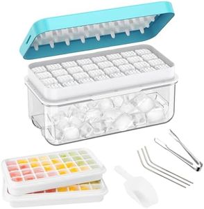 Ice Cube Tray with Lid and Bin,64 Pcs Ice Cube Molds for Freezer,Easy Release,with 2 Stackable Ice Cube Trays,3 Steel Metal Straws,Ice Tong and Ice Scoop,Suitable for Whiskey,Cocktail,BPA Free