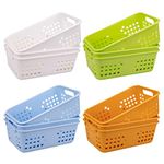 Jucoan 12 Pack Small Plastic Storage Baskets, 8.5 x 5.5 x 3 Inch Plastic Classroom Storage Baskets Organizer Tray for Pen Pencil Crayon, Stackable for Bathroom, Drawers, Shelves, Closet, Office