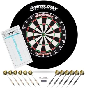 WIN.MAX Dart Board - Bristle Steel Tip Dartboard for Adults Bristle Steel Tip Dartboard Set with 12 Darts Metal Tip (Dart Board with Surrond Backboard)