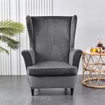 Wing Chair Slipcover 2 Piece Set - 2 IN 1 Design Removable Soft Velvet Wingback Chair Covers Armchair Stretch Covers Furniture Protector for Wingback Chairs Living Room Bedroom Hotel (Dark Grey)