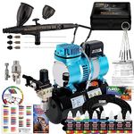 Master Airbrush Cool Runner II Dual Fan Air Storage Tank Compressor System Kit with Master Elite Plus Ultimate Airbrush Set with 3 Tips 0.2, 0.3 & 0.5 mm, Case, 2 Cups, 6 Color Acrylic Paint Set