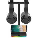 RGB Dual Headphone Stand with USB Hub KAFRI Desk Gaming Double Headset Holder Hanger Rack with 1 USB2.0 Extension Charging Port Extender Cord - Suitable for Gamer Desktop Table Game Earphone