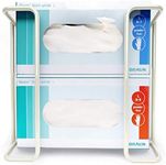 Disposable Glove and Facial Tissue Wire Rack, Dispenser, Wall Mount Design With Mounting Accessories Included, White Durable Metal Organizer Glove Dispenser for Home, Lab, Office and Food Service