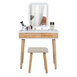 PULUOMIS Dressing Table Set with LED lights Mirror, Modern Vanity Makeup with 2 Drawers, Cushioned Stool and Free Make-up Organizer, Bedroom Dresser with Adjustable Brightness Mirror