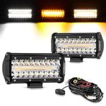 Auxbeam 7 Inch 300W LED Light Bar, 6 Modes Strobe Amber Pod Yellow Fog Dual Color Spot Flood Offroad Driving, Memory Function Work Light for Truck Car ATV