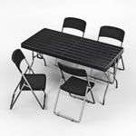 URBN GARDEN 5FT Black Rattan Wood Look Folding Table with Folding Chairs Set Indoor and Outdoor Portable Dining Furniture for Home, Garden, Patio, and Events