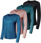 4-Pack: Womens Plus Size Dry-Fit Long Sleeve V-Neck Shirt Tops T-Shirt Fashion Workout Gym Tees Athletic Active Adult Ladies Tshirt Clothing Fall Casual Outfit Running Exercise UPF Just My - Set 8, 3X