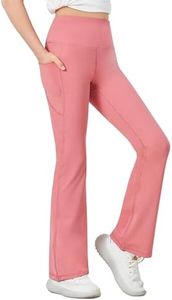Desol Girls Flare Leggings with Pockets, High Waist Bootcut Yoga Pants, Dance Athletic Bell Bottoms for Teen &Kids Pink