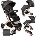 Lightweight Stroller, Baby Pushchair, Compact Travel Buggy, One Hand Foldable, Upgraded, Airplane Travel Cabin Approved Stroller, Foot Cover, Mommy Bag, Rain Cover (Grey - Rose Gold Frame)