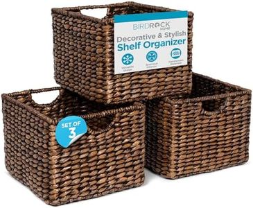 BIRDROCK HOME Storage Shelf Organizer Baskets with Handles - Handwoven Abaca Seagrass Wicker Basket for Pantry, Living Room, Office & Bathroom, Versatile Under Shelf Storage - Set of 3, Brown Wash