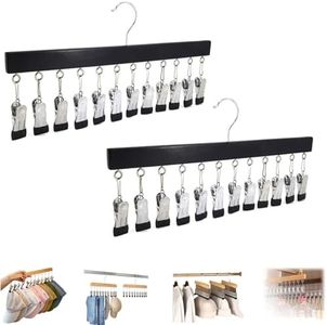 Closet Organizer with 10 Clips, Space Saving Hanging Closet Organizer, Legging Hanger for Closet Organizer with 10 Clip for Storing Jeans, Legging, Shorts (Black-12 Clips, 2PCS)